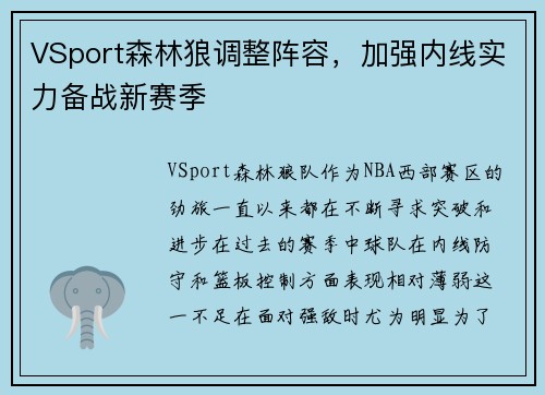 VSport森林狼调整阵容，加强内线实力备战新赛季