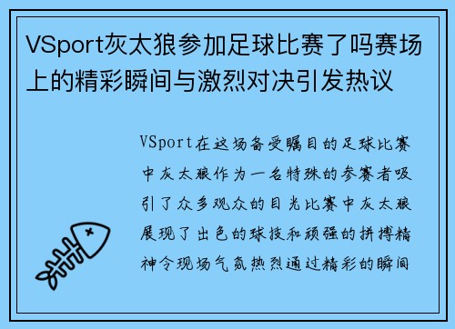 VSport灰太狼参加足球比赛了吗赛场上的精彩瞬间与激烈对决引发热议