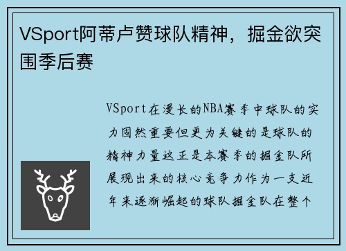 VSport阿蒂卢赞球队精神，掘金欲突围季后赛