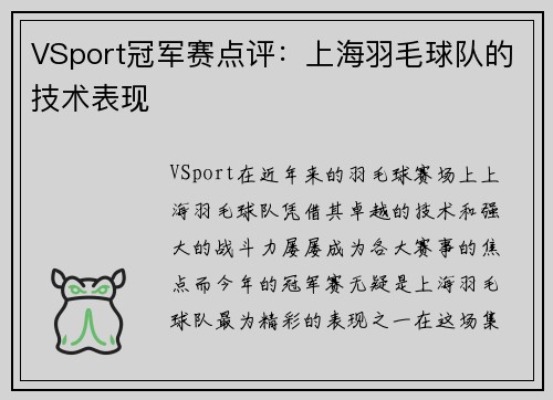 VSport冠军赛点评：上海羽毛球队的技术表现