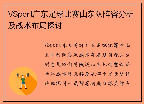 VSport广东足球比赛山东队阵容分析及战术布局探讨