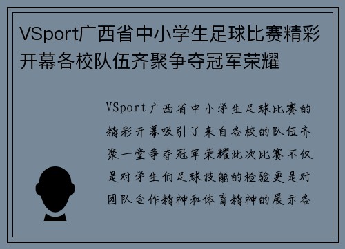 VSport广西省中小学生足球比赛精彩开幕各校队伍齐聚争夺冠军荣耀