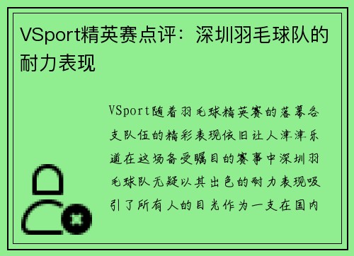 VSport精英赛点评：深圳羽毛球队的耐力表现