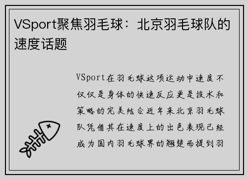 VSport聚焦羽毛球：北京羽毛球队的速度话题