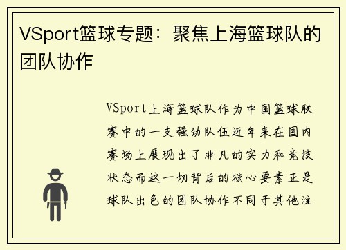 VSport篮球专题：聚焦上海篮球队的团队协作