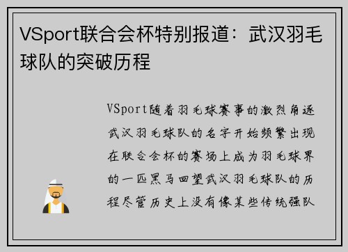 VSport联合会杯特别报道：武汉羽毛球队的突破历程
