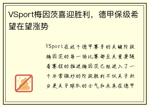 VSport梅因茨喜迎胜利，德甲保级希望在望涨势
