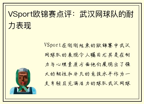 VSport欧锦赛点评：武汉网球队的耐力表现