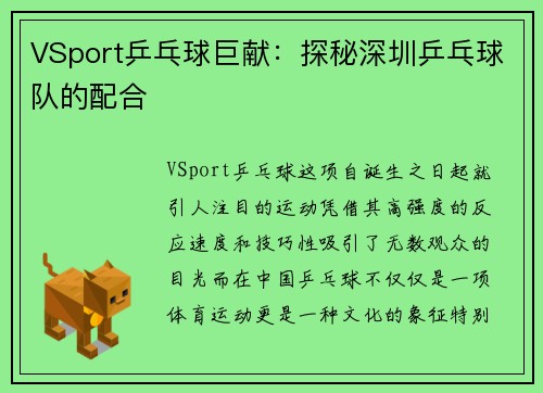 VSport乒乓球巨献：探秘深圳乒乓球队的配合