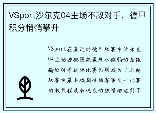 VSport沙尔克04主场不敌对手，德甲积分悄悄攀升