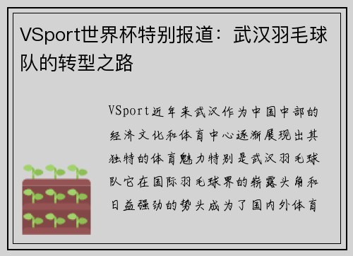 VSport世界杯特别报道：武汉羽毛球队的转型之路
