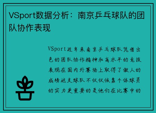 VSport数据分析：南京乒乓球队的团队协作表现