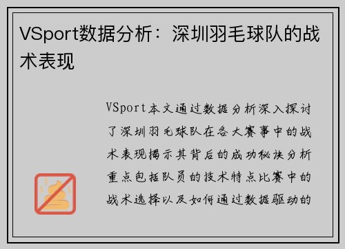 VSport数据分析：深圳羽毛球队的战术表现