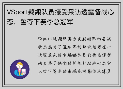 VSport鹈鹕队员接受采访透露备战心态，誓夺下赛季总冠军