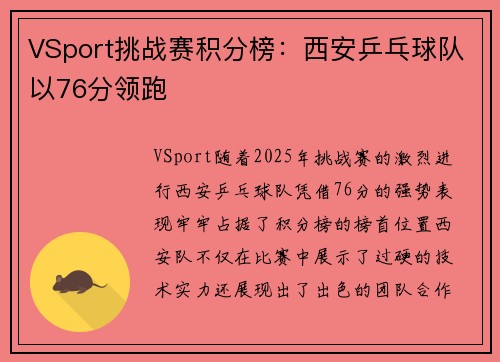 VSport挑战赛积分榜：西安乒乓球队以76分领跑
