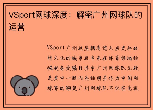 VSport网球深度：解密广州网球队的运营