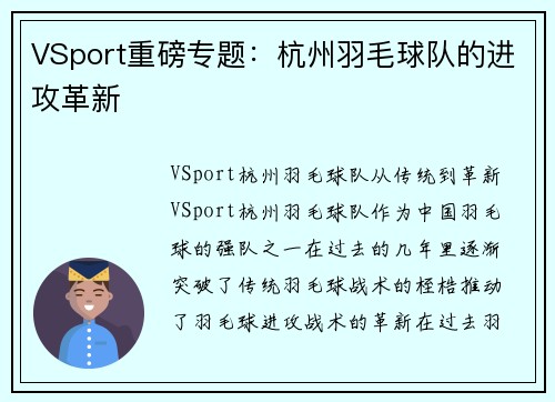 VSport重磅专题：杭州羽毛球队的进攻革新